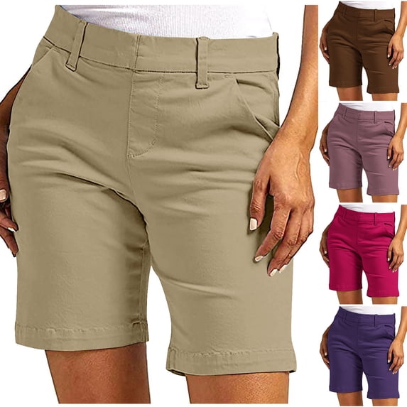 Bixock Women's Casual Bermuda Shorts,Summer Cargo Short Pants,Solid Color Slim Fitted Chino with Pockets Office Work Pants