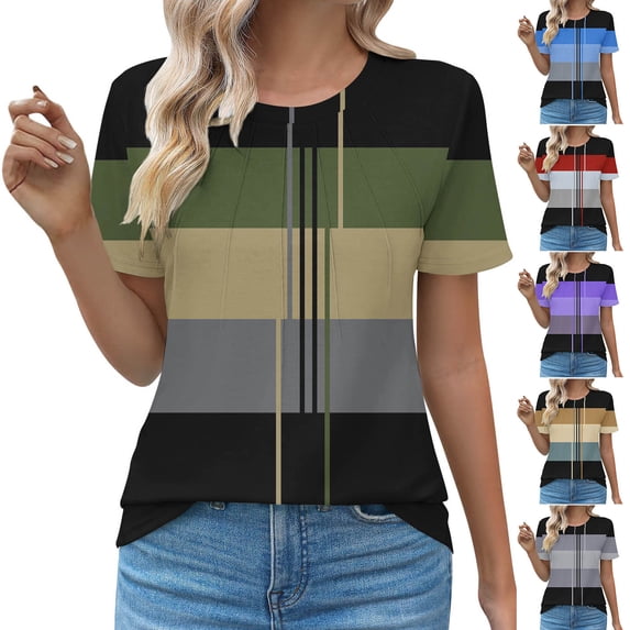 Bixock Women's Casual Crew Neck T-Shirts,Color Blocking Crew Neck Tops,Random 2 Tone Print Ruched Pullover Shirt Soft Stretchable Daily Leisure Tops