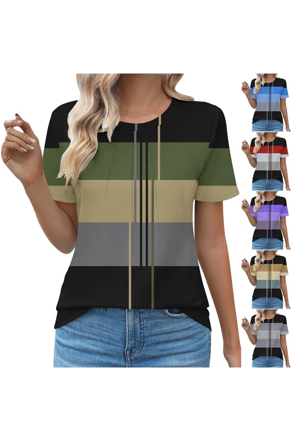 Women's Casual Crew Neck T-Shirts,Color Blocking Crew Neck Tops,Random 2 Tone Print Ruched Pullover Shirt Soft Stretchable Daily Leisure Tops
