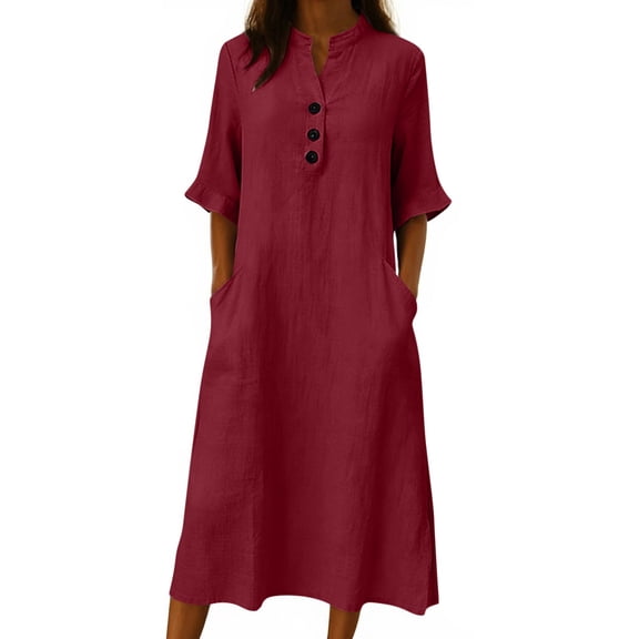 Bixock Women's Casual Maxi Dreases,Solid Color Half Sleeve Dresses,V-Neck Button Pocket Soft Comfortable Summer Dresses