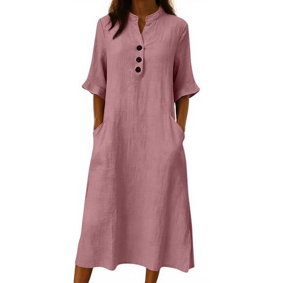 Bixock Women's Casual Maxi Dreases,Solid Color Half Sleeve Dresses,V-Neck Button Pocket Soft Comfortable Summer Dresses