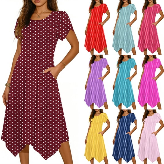 Bixock Women's Casual Midi Dresses,Crew Neck Short Sleeve Dresses,Polka Print Sleeve Asymmetrical Hem Lightweight Summer Beach Vacation Dresses