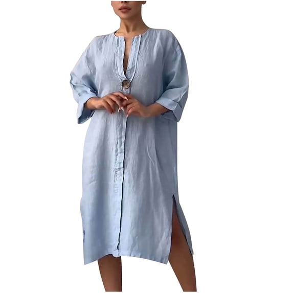 Bixock Women's Casual Midi Dresses,Linen V-Neck Dresses,Solid Color Like V-Neck Short Sleeve Button Loose Dress with Side Pockets Split Hem Daily Dresses