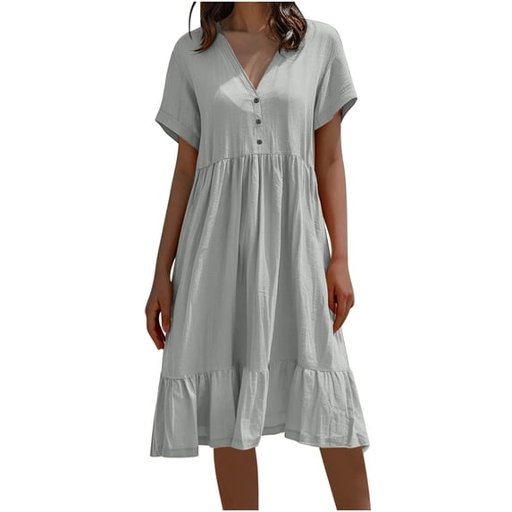 Bixock Women's Casual Midi Dresses,Solid Color Short Sleeve Dresses,Spliced Ruched V-Neck Knee Length Midi Dress Soft Stretchable Summer Daily Fashion Dresses