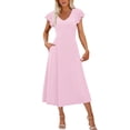 thumbnail image 1 of Bixock Women's Casual Midi Dresses,Solid Color V-Neck Dresses,Ruffled Short Sleeve Midi Dress Soft Breathable Lightweight Summer Beach Vacation Dresses, 1 of 5