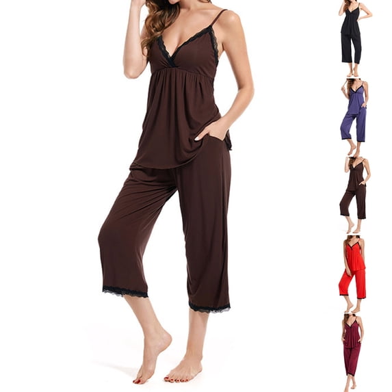 Bixock Women's Casual Pajama Set,2 Piece Loungewear Outfits,Fall Solid Lace Cami Dress Capris Pants Loungewear Set
