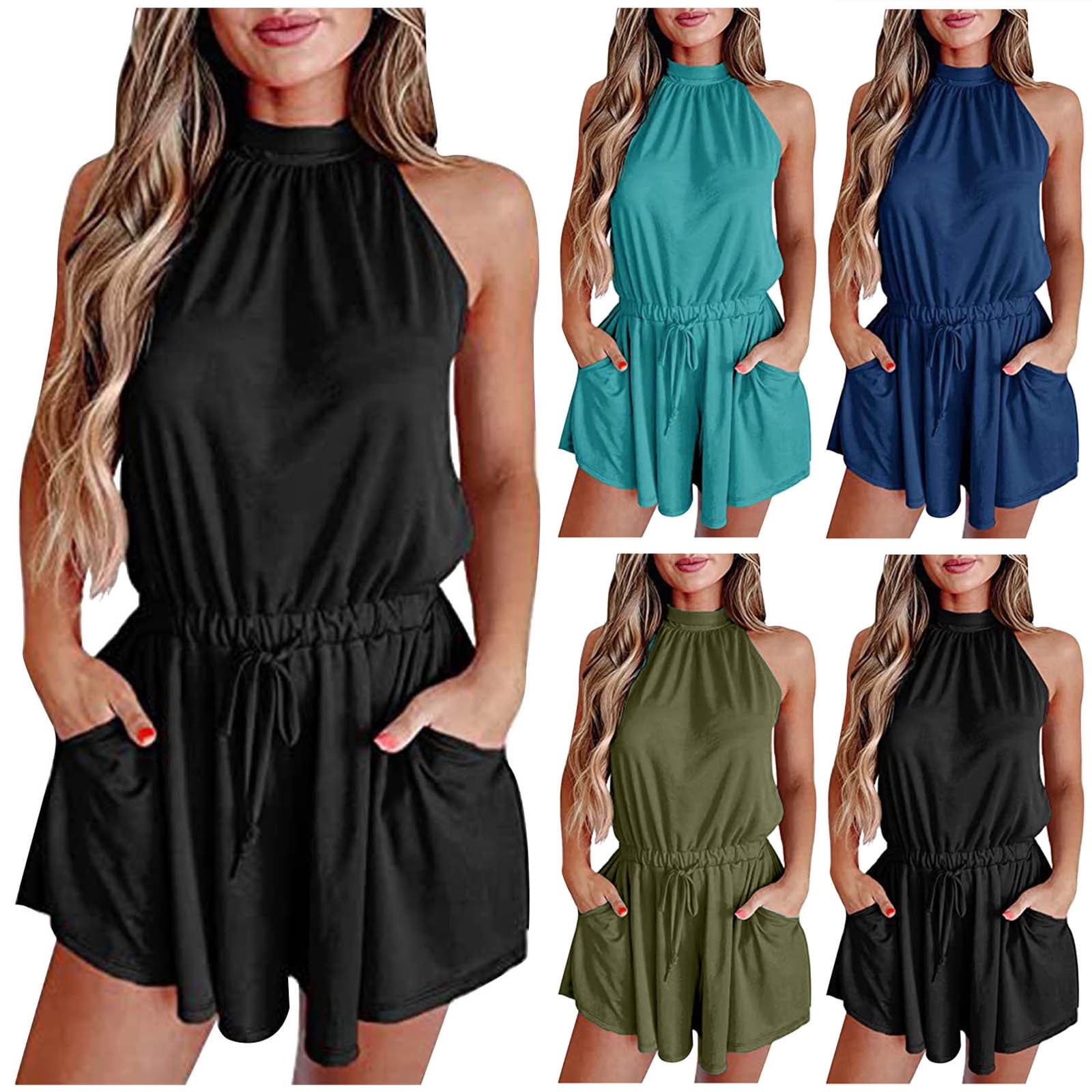 Bixock Women's Casual Rompers Wide Leg Shorts Solid Color Neck Romper ...