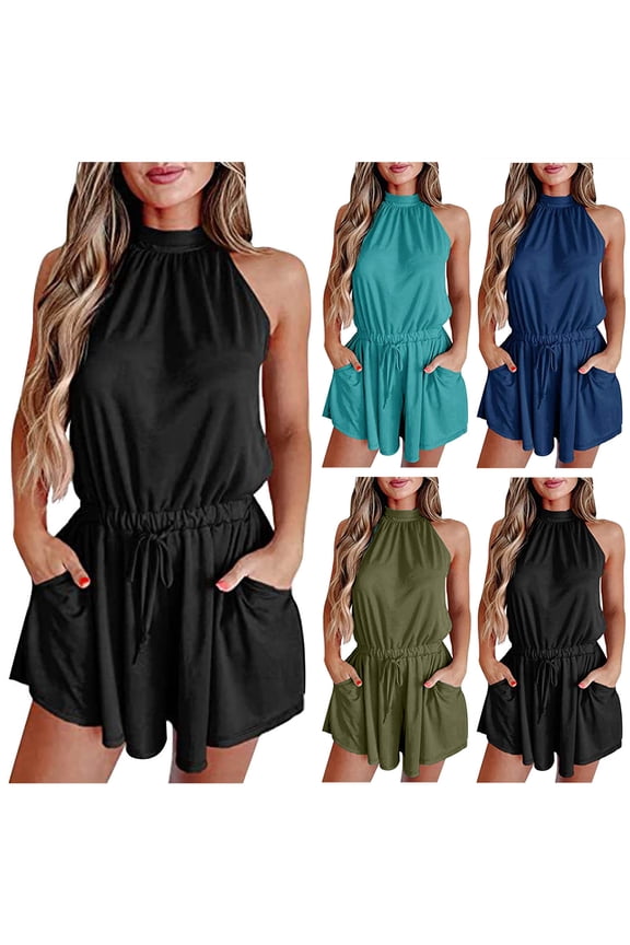 Women's Casual Rompers Wide Leg Shorts Solid Color Neck Romper Off Shoulder Slit Back Slim Jumpsuit Summer Casual Pants for Women Clothes