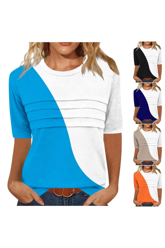 Women's Casual Short Sleeve T-Shirts,Crew Neck Tops,Ribbed Texture Random Print Mid Sleeve Loose Pullover Daily Leisure Tops