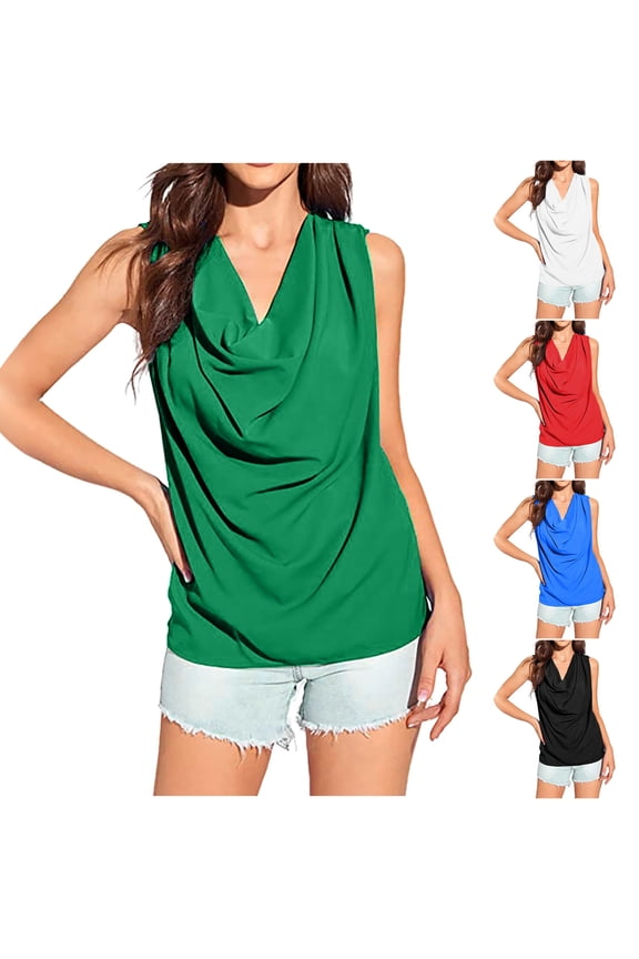 Women's Casual Sleeveless Blouse,Soft Summer Tank Top,Solid Color Satin Cowl Neck Front Drape Loose Sleeveless Tops
