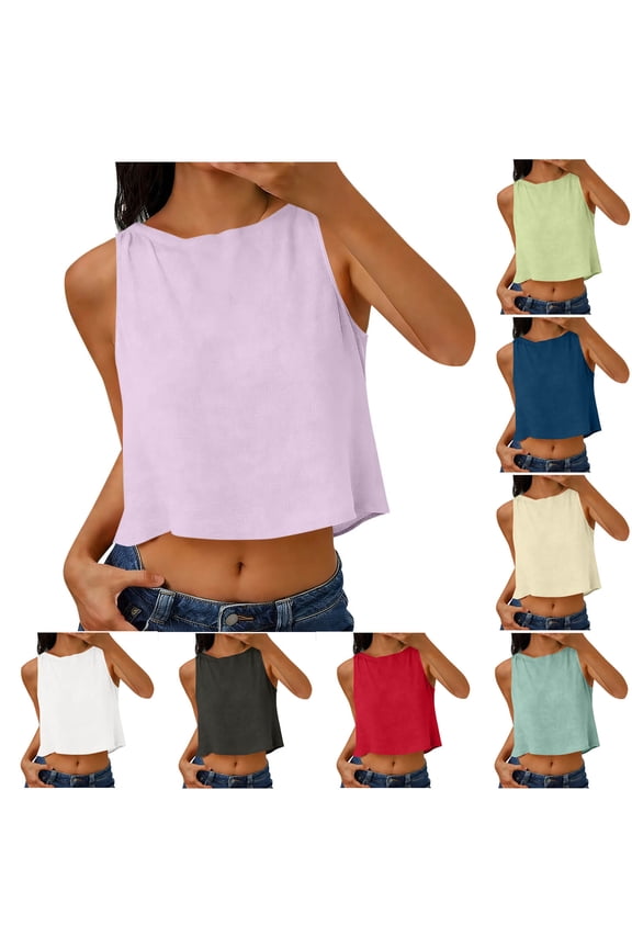 Women's Crop Tank Tops,Casual Summer Blouse,Solid Color Slub Linen Round Neck Loose Button Front T-Shirt Style Tops