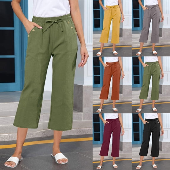 Bixock Women's Cropped Pants,Summer Casual Pants,Women Solid Color Elastic Waist Linen Versatile Lightweight Daily Office Leisure Pants