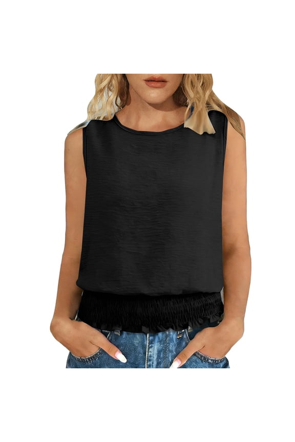 Women's Fitted Waist Tank Top,Casual Sleeveless Blouse,Boho Style Crew Neck Sleeveless Shirt Slim Waist Tops