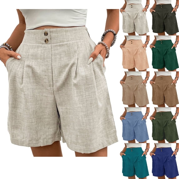 Bixock Women's Front Pleated Shorts,Casual Wide Leg Short Pants,Fashion Elastic Waist Solid Color Straight Leg Capris Pants Versatile Comfortable Summer Leisure