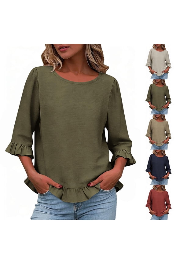 Women's Half Sleeve Blouse,Casual Crew Neck Tops,Washed Crinkle Solid Color Soft Casual Daily Wear T-shirts