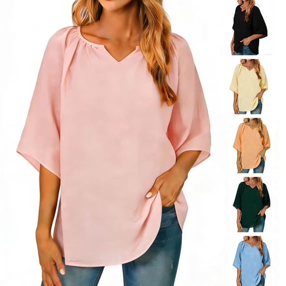 Bixock Women's Half Sleeve Blouse,Soild Color Casual Blouse,Small V-Neck Linen Top Neck Ruched Soft Breathable Summer Loose T-shirts