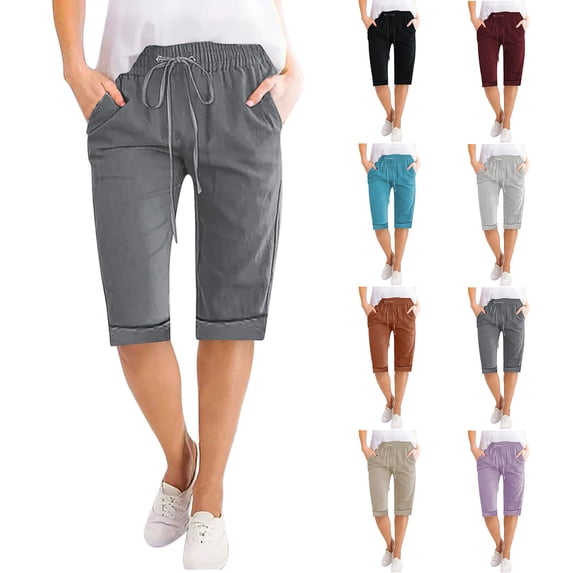 Bixock Women's Linen Capris Pants,Knee Length Casual Pants,Solid Color High Waist Elastic Drawstring with Functional Pockets