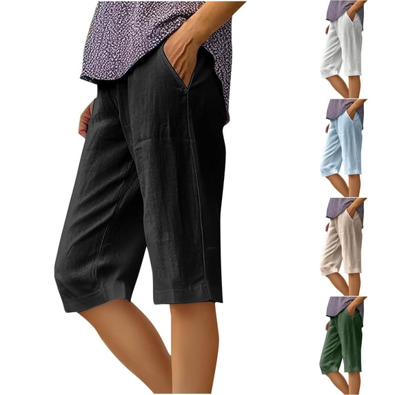 Bixock Women's Linen Capris Pants,Soild Color Breathable Short Pants,Summer Loose Fashion Pants with Pockets Capris Shorts