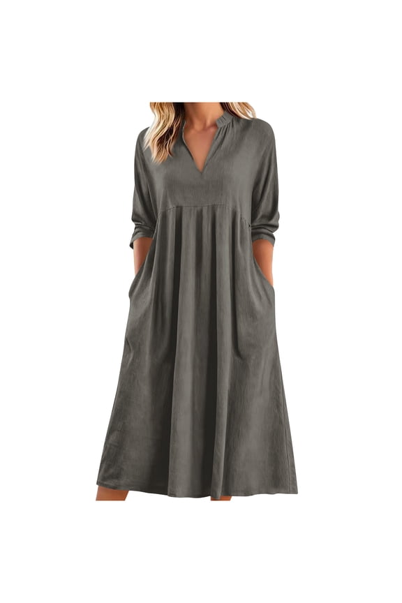 Women's Linen Midi Dreases,Casual Short Sleeve Dresses,Loose V-Neck Maxi Dress with Pockets Soft Stretchable Summer Outdoor Trip Dresses