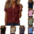 thumbnail image 1 of Bixock Women's Linen Short Sleeve Tops,Soild Color Casual Tops,V-Neck Button Linen Short Sleeve Breathable Lightweight T-shirts, 1 of 5