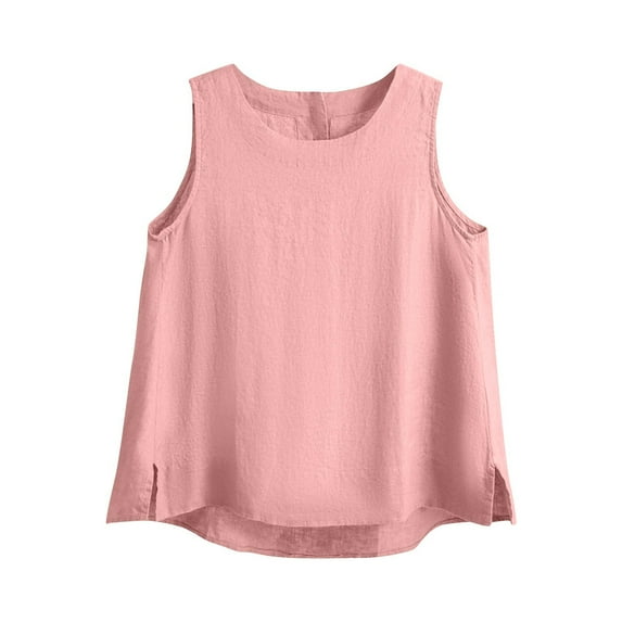 Bixock Women's Loose Summer Tank Tops,Plus Size Sleeveless Blouse,Solid Color Faux Linen Crew Neck Button Slit Hem Sleeveless Tops