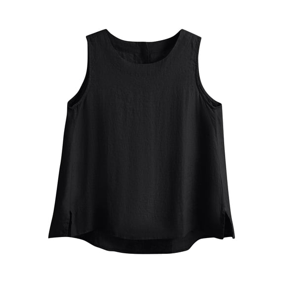 Bixock Women's Loose Summer Tank Tops,Plus Size Sleeveless Blouse,Solid Color Faux Linen Crew Neck Button Slit Hem Sleeveless Tops