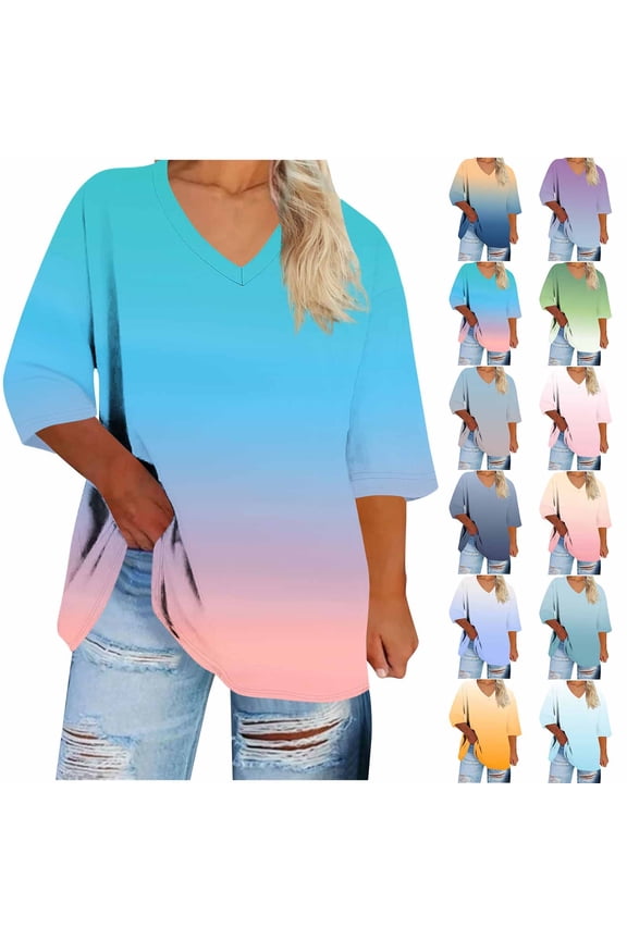 Women's Maternity Tops Printed V-neck 3/4 Sleeve Maternity T-shirt Large Size Loose Pregnant Top