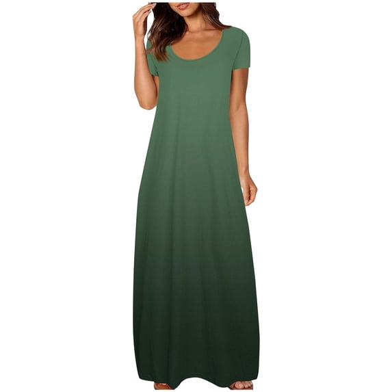 Bixock Women's Maxi Dresses,Crew Neck Short Sleeve Dresses,Solid Color Pocket Gradient Color Loose Summer Casual Long Maxi Dresses