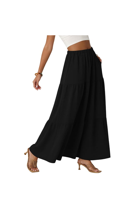 Women's Maxi Skirts,Casual Pleated Skirt,Summer Solid Color High Waist Flowy Ankle-Length Skirt with Pockets