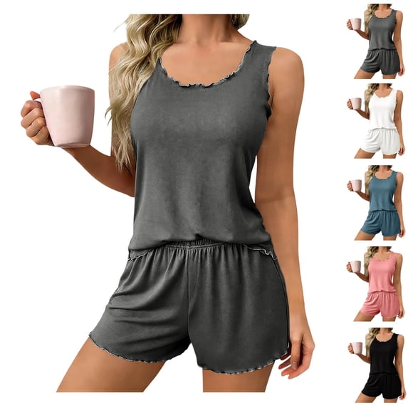 Bixock Women's Pajama Set,Pajamas for Women Solid Color Ice Silk Tank Top Summer Lightweight Lace Neck 2 Piece Loungewear Sleepwear
