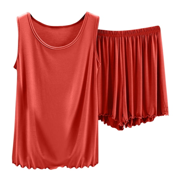 Bixock Pajamas for Women Set Solid Color Crew Neck Sleeveless Top Shorts Casual Lightweight Loungewear Set for Warm Season Indoor Use