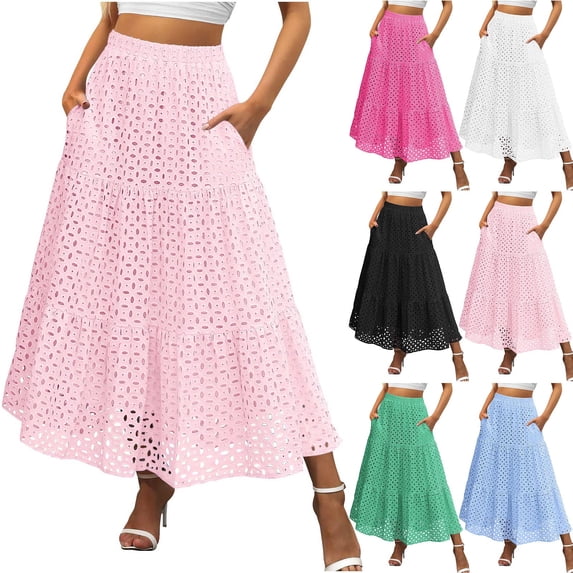 Bixock Women's Pleated Maxi Skirt,High Waisted Cutout Skirt,Solid Color Lace Multi-Layer Ruched Breathable Daily Wear with Lining