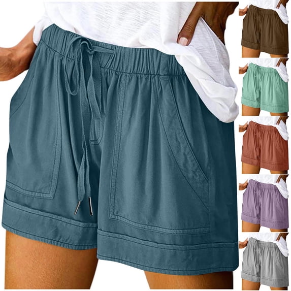 Bixock Women's Plus Size Linen Shorts,Summer Cargo Short Pants,Solid Color Drawstring with Pockets Casual Loose Fitted Comfortable Daily Wear