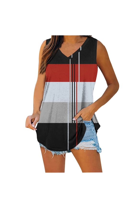 Women's Plus Size Sleeveless Blouse,Summer Color Blocked Tops,Color Print V-Neck Loose Sleeveless T-Shirt Tops