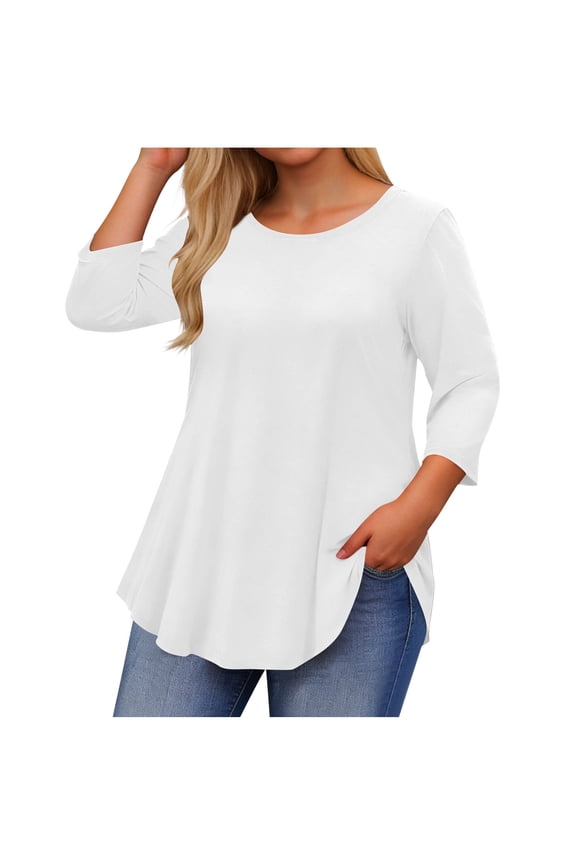 Women's Plus Size Tops,Casual 3/4 Sleeve Blouse,Fashion Loose Casual Solid Color Crewneck Lightweight Stretchable T-shirts