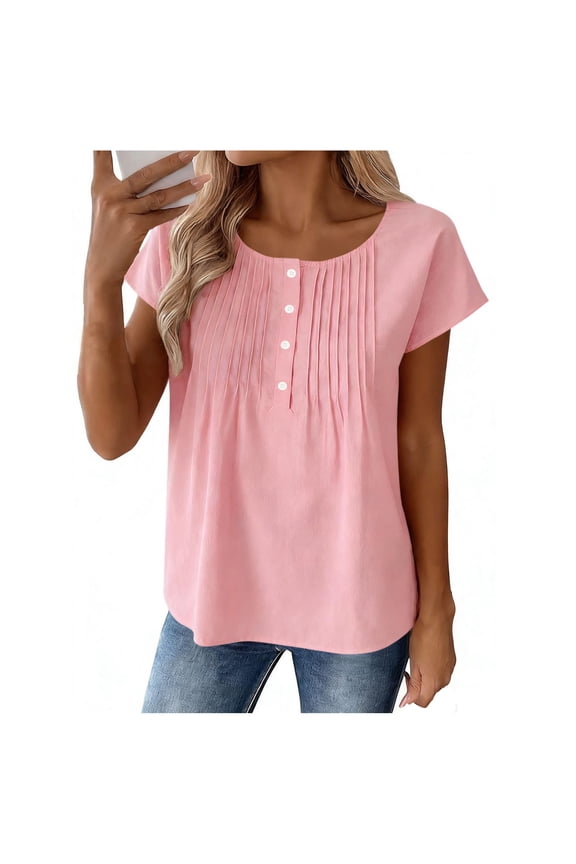 Women's Plus Size Tops,Casual Loose Cut Blouse,Fashion Summer Solid Color Linen Like Crewneck Half Placket Functional Button Ruched T-shirts