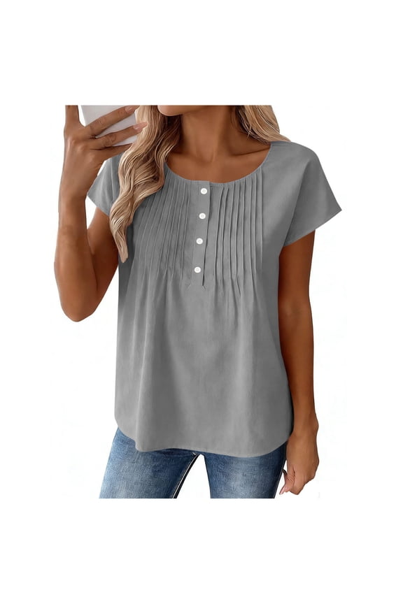 Women's Plus Size Tops,Casual Loose Cut Blouse,Fashion Summer Solid Color Linen Like Crewneck Half Placket Functional Button Ruched T-shirts