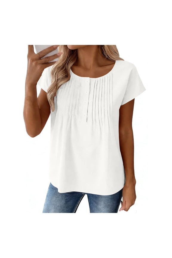 Women's Plus Size Tops,Casual Loose Cut Blouse,Fashion Summer Solid Color Linen Like Crewneck Half Placket Functional Button Ruched T-shirts