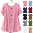 thumbnail image 1 of Bixock Women's Plus Size Tops,Casual Loose Cut Blouse,Solid Color Button Short Sleeve Linen Soft Breathable Summer T-shirts, 1 of 5