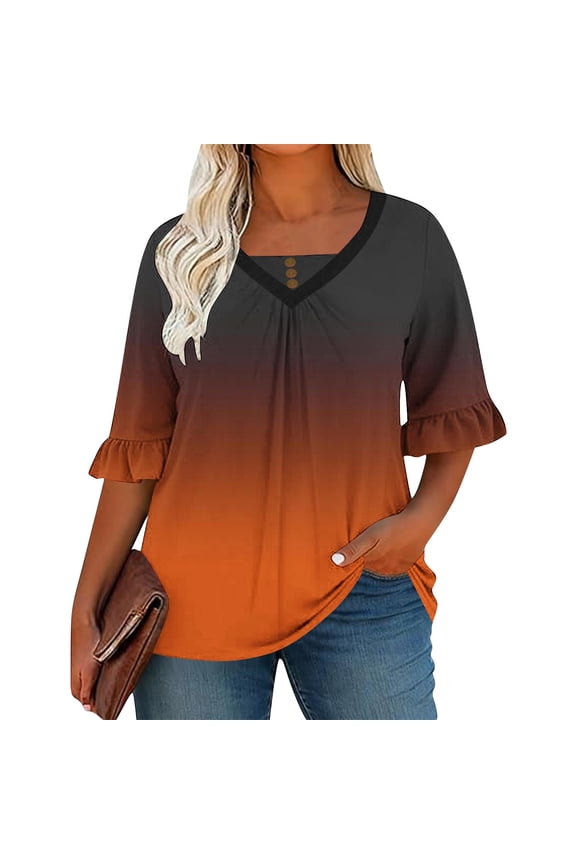 Women's Plus Size Tops,Summer Gradient Color Blouse,Casual Print Crewneck Flared Sleeve V-Neck Chest Ruched Short Sleeve T-shirts