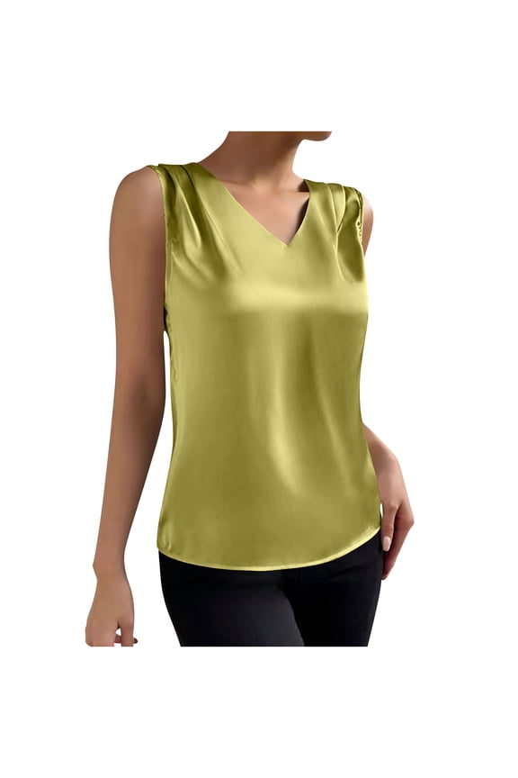Women's Satin Tank Tops,Casual Sleeveless Blouses,Solid Color Satin V-Neck Stand Collar Sleeveless Tops