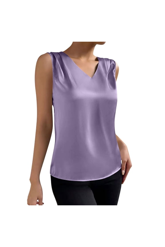 Women's Satin Tank Tops,Casual Sleeveless Blouses,Solid Color Satin V-Neck Stand Collar Sleeveless Tops