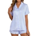 thumbnail image 1 of Bixock Women's Short Sleeve Pajama Set,Striped Sleepwear Outfits,Striped Lapel Collar Button Drawstring Short Sleeve Shorts Set, 1 of 5