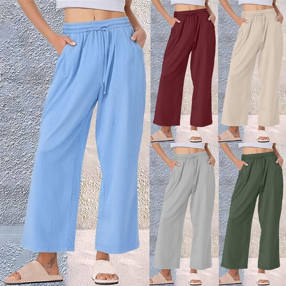Bixock Women's Straight Leg Pants,Casual Loose Pants,Women Solid Color Drawstring Pocket Soft Lightweight Daily Leisure Outdoor Wear Pants