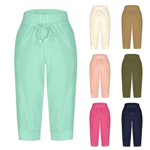 Bixock Women's Summer Capris Pants,Knee Length Casual Pants,Solid Color Low Tight Drawstring Button with Pockets Stretchy Slim Fitted