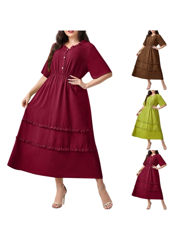 Women's Summer Maxi Dresses,Casual Half Sleeve Dresses,Plus Size Solid Color Crewneck Button High Waist Ruffled Hem Loose Daily Dresses
