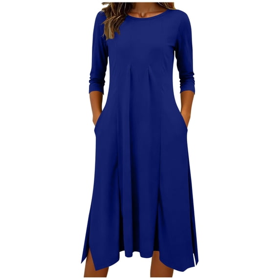Bixock Women's Summer Midi Dresses,Casual Half Sleeve Dresses,Solid Color Crewneck Ruched with Pockets Loose Daily Office Leisure Wear Dresses