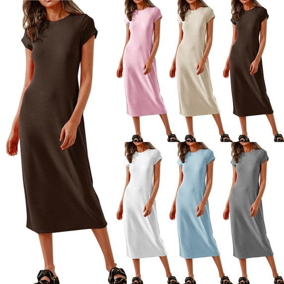 Bixock Women's Summer Midi Dresses,Solid Color Short Sleeve Dresses,Casual Slim Crewneck Maxi Dress Soft Stretchable Daily Office Leisure Wear Dresses