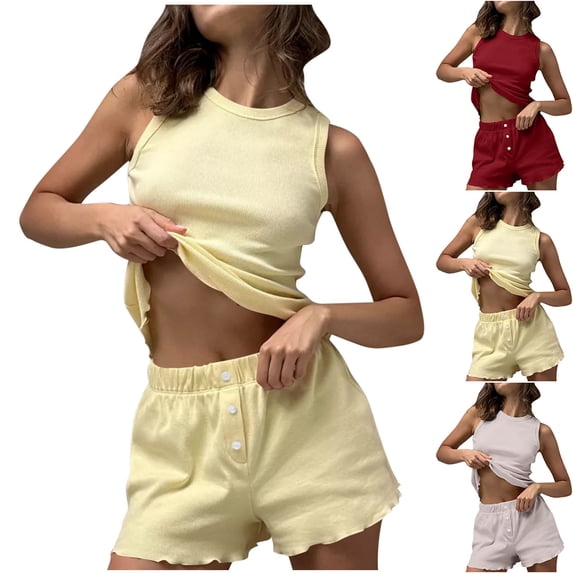 Bixock Women's Summer Pajama Outfits,Tank Top Shorts Sleepwear Outfits,Solid Elastic Crew Neck Ribbed Tank Top Shorts Set