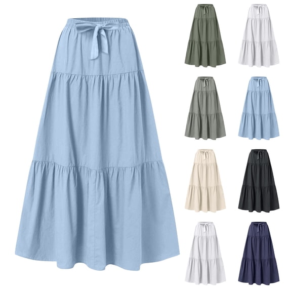 Bixock Women's Summer Pleated Skirts,Loose Casual Skirt,Solid Color Ruched Elastic Waist Drawstring Loose Midi Skirt